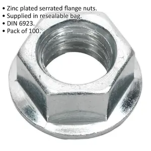 Pack of 100 M10 Zinc Plated Serrated Flange Nuts - 1.5mm Pitch DIN 6923 for Secure Fastening