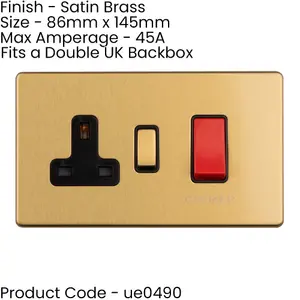 45A DP Oven Cooker Switch & Single 13A Switched Socket SCREWLESS SATIN BRASS