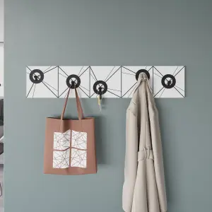 Decortie Modern Vizy Wall-Mounted Hanger White Engineered Wood w/5 Black Metal Hooks Storage Coat Rack 90(W)x1.8(D)x18(H)cm