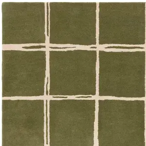 Olive Chequered Wool Modern Shaggy Handmade Rug For Living Room Bedroom & Dining Room-160cm X 230cm