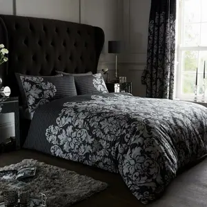 Kern Cotton Blend Damask Duvet Cover Set with Pillowcases Black / Single - 1 Standard Pillowcase