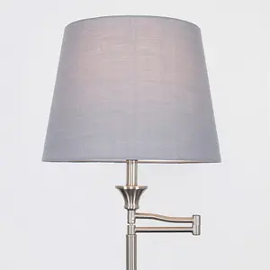 ValueLights Sinatra Adjustable Swing Arm Floor Lamp In Brushed Chrome Finish with Grey Light Shade