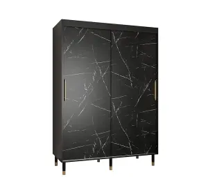 Bergen Contemporary 2 Sliding Door Wardrobe Gold Handles Marble Effect 5 Shelves 2 Rails Black (H)2080mm (W)1500mm (D)620mm