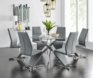 Furniturebox UK Novara Chrome Metal And Glass Large Round Dining Table And 6 Elephant Grey Willow Chairs Set