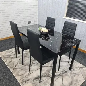 Black Marble Effect Dining Table and 4 Black PU Faux Leather Metal Chairs Dining Table Set