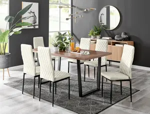 Furniturebox Kylo Brown Rectangular Wood Effect Dining Table & 6 Cream Velvet Milan Black Leg Chairs