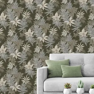 Grandeco Floral Field Fern Metallic Textured Wallpaper, Khaki Green