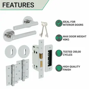 EAI Chrome Door Handle T-Bar Lever on Rose Lock Kit / Pack - 64mm Sash Lock & 76mm Hinges - Polished Chrome