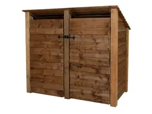 Wooden log store (roof sloping back) with door and kindling shelf W-146cm, H-126cm, D-88cm - brown finish