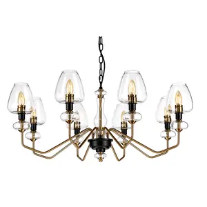 Elstead Armand 8 Light Chandelier, Aged Brass, Glass Shade