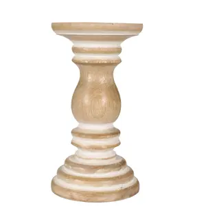 Rustic Antique Carved Wooden Pillar Church Candle Holder Beige, Medium 19cm High