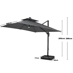 Dark Grey Outdoor Large Square Tilting Canopy LED Cantilever Parasol with Square Base 3M