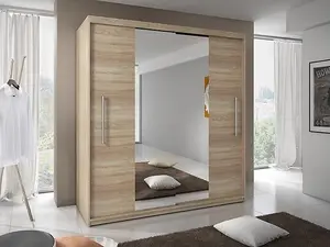 Elegant Torino Mirrored Sliding Door Wardrobe W2040mm H2180mm D580mm - Oak Sonoma Finish