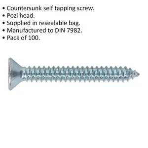 100 Pack of 6.3 x 51mm Self Tapping Countersunk Screws with Pozi Head