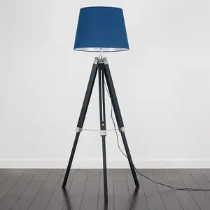 ValueLights Clipper Black Wood and Silver Chrome Tripod Floor Lamp with Navy Blue Tapered Light Shade with 6w LED GLS Bulb