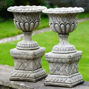 Pair of Vase Urns + Plinth Planters British made Stone Garden Ornament