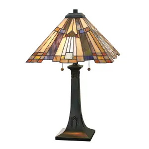 2 Bulb Table Lamp Pyramid Shape Tiffany Style Glass Valiant Bronze LED E27 60W