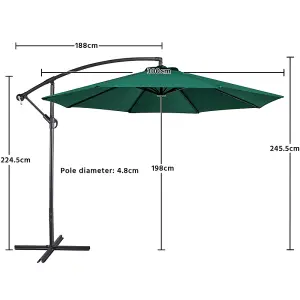 Yaheetech Dark Green 3m Patio Offset Umbrella Outdoor Parasol with Crank