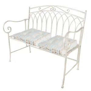 Vintage Cream Iron Arched Back Outdoor Garden Furniture Garden Bench with Free Set of 2 Blue Box Cushions