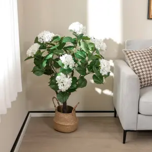 Costway 105cm Artificial Hydrangea Tree Fake Floral Potted Plant with 11 White Flowers