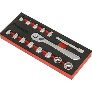 15 PACK Low Profile Socket Set - 1/4" Metric Sq Drive 6 Point & Ratchet Handle