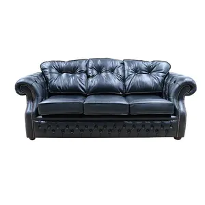 Chesterfield 3 Seater Old English Black Real Leather Sofa Bespoke In Era Style