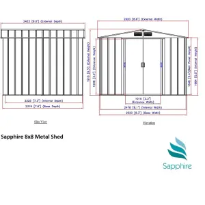 8 x 8 Apex Metal Garden Shed - Green (8ft x 8ft / 8' x 8' / 2.6m x 2.4m)