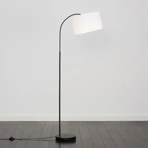 ValueLights Designer Style Black Curved Stem Floor Lamp With White Cylinder Shade - Includes 6w LED GLS Bulb 3000K Warm White