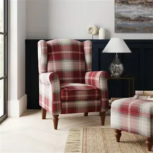 Dunelm Oswald Check Wingback Armchair, Country, Red Oswald Wingback, Textured Weave Fabric