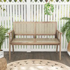 Costway Teak Wood Garden Bench 2-Person Patio Lounger Loveseat W/ Rattan Backrest & Seat