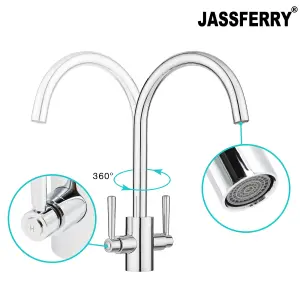 JASSFERRY Swan Neck Kitchen Mixer Tap Two Levers Quarter Turn Handle Chrome