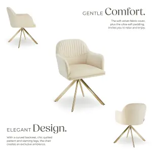 Armchair Lona - 360 swivel, high backrest, plush upholstery, slim steel legs - cream/gold