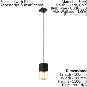 Pendant Ceiling Light Colour Black Gold Square Shade Bulb GU10 1x5W Included