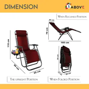 1ABOVE Set of 2 Folding Reclining Chairs Heavy Duty Textoline Zero Gravity Chairs Garden Outdoor Patio Sun Loungers Maroon