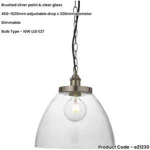 Hanging Ceiling Pendant Light - Brushed Silver Paint & Clear Glass - 10W LED E27