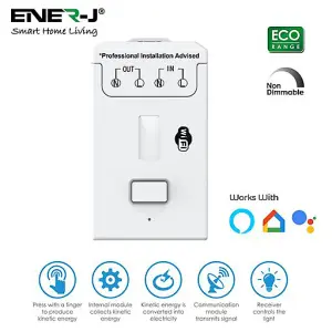 2 Gang Wireless Kinetic Switch, White+Non Dimmable + Wi-Fi 5A RF Receiver