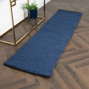 Navy Knitted Runner Wool Rug (60 x 230cm)