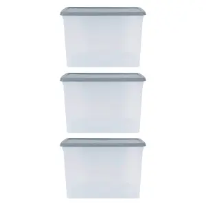 3 x Wham Box 50L Stackable Plastic Storage Archive Box & Lid Clear/Steel