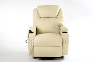 Rise Recliner Chair With Single Motor, Heat And Massage, Remote Control, Pocket Storage And Cup Holders In Cream Bonded Leather