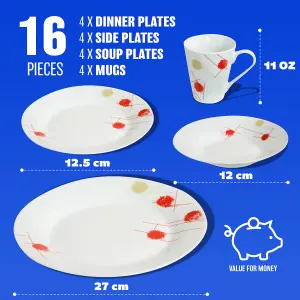 16Pc Dinner Set Bowl Plate Mug Soup Side Porcelain Cup Gift Kitchen Service New Cream & Red Patterns