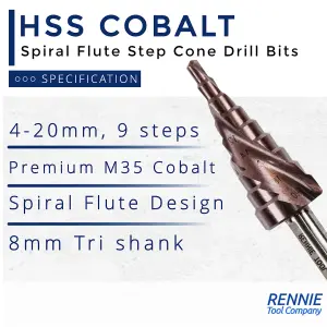 Rennie Tools 4-20mm HSS Cobalt Spiral Flute Step Cone Drill/Hole Cutter For Metal, Stainless Steel And Hard Metals. M35 8% Cobalt