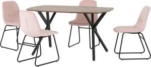 Athens Dining Set Medium Oak Effect with Baby Pink Velvet Chairs