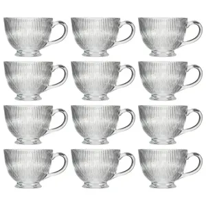 Set of 12 Embossed Footed Glass Coffee Mug Clear Tea Cups