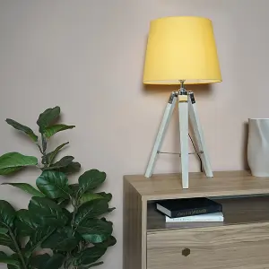 ValueLights Clipper Modern Distressed Wood and Silver Chrome Tripod Table Lamp with Mustard Light Shade