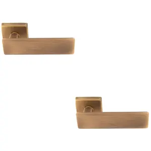 2 PACK - Premium Large Flat Door Handle Set - Antique Brass Designer Lever on Square Rose