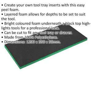 1200 x 550 x 50mm Green Easy Peel Foam for Tool Trays and Flight Cases