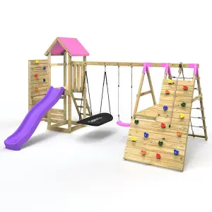 Rebo Wooden Climbing Frame with Vertical Rock Wall, Swing Set and Slide - San Luis+ Pink