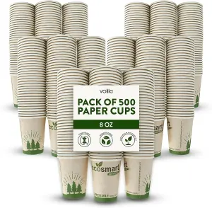 Paper Cups 500 Pack 8oz Disposable Hot Coffee Cups for Home, Office, Events - Recyclable, Stackable, Eco-Friendly Cups