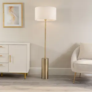 ValueLights Lexy Antique Brass Rotary Dimmer Switch Floor Lamp with White Drum Shade