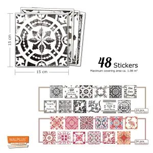 Walplus Black and Red Vintage Azulejo Combo Mix Tile Stickers